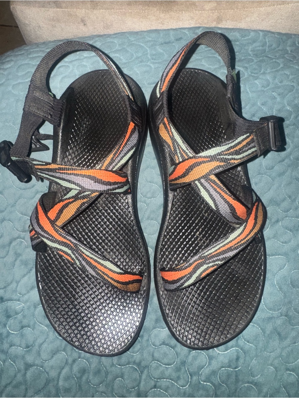 Chaco Black Sandals with Orange and Green Straps